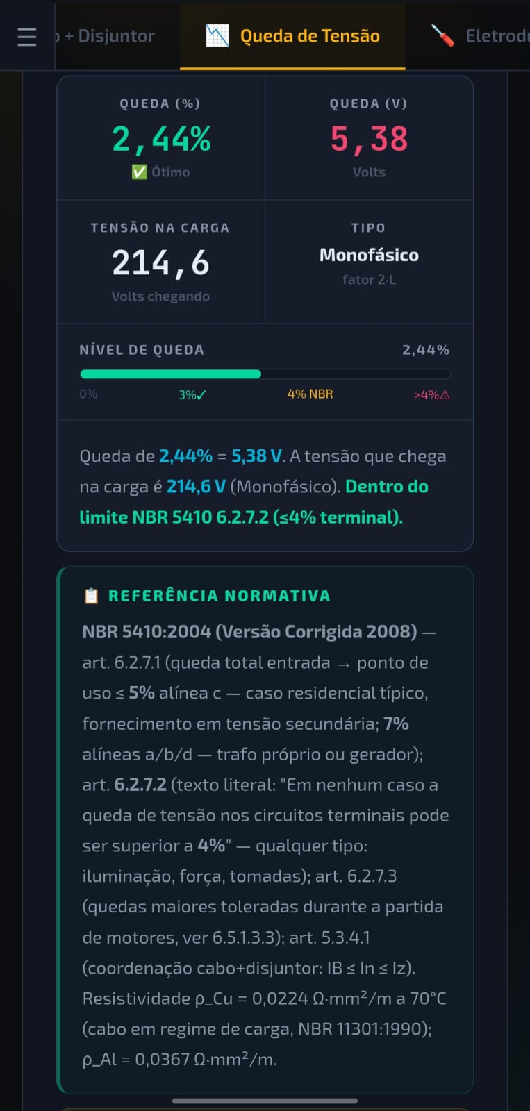 Resultado de queda de tensão com referência normativa
